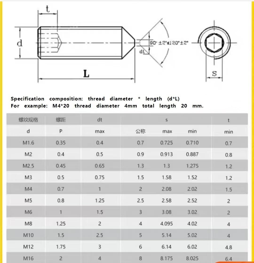 Tornillos de fijación hexagonales, 50 piezas M5 acero inoxidable DIN914, tornillos sin cabeza punta cónica(M5*6)