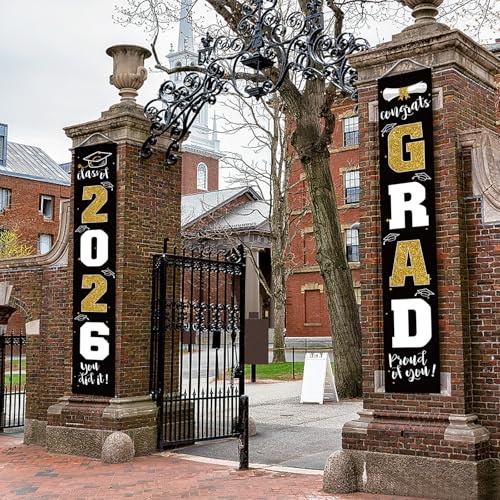 Image of Graduation Decorations 2026 Banner Porch Sign Black Gold for Class of 2026 Graduates Party Supplies