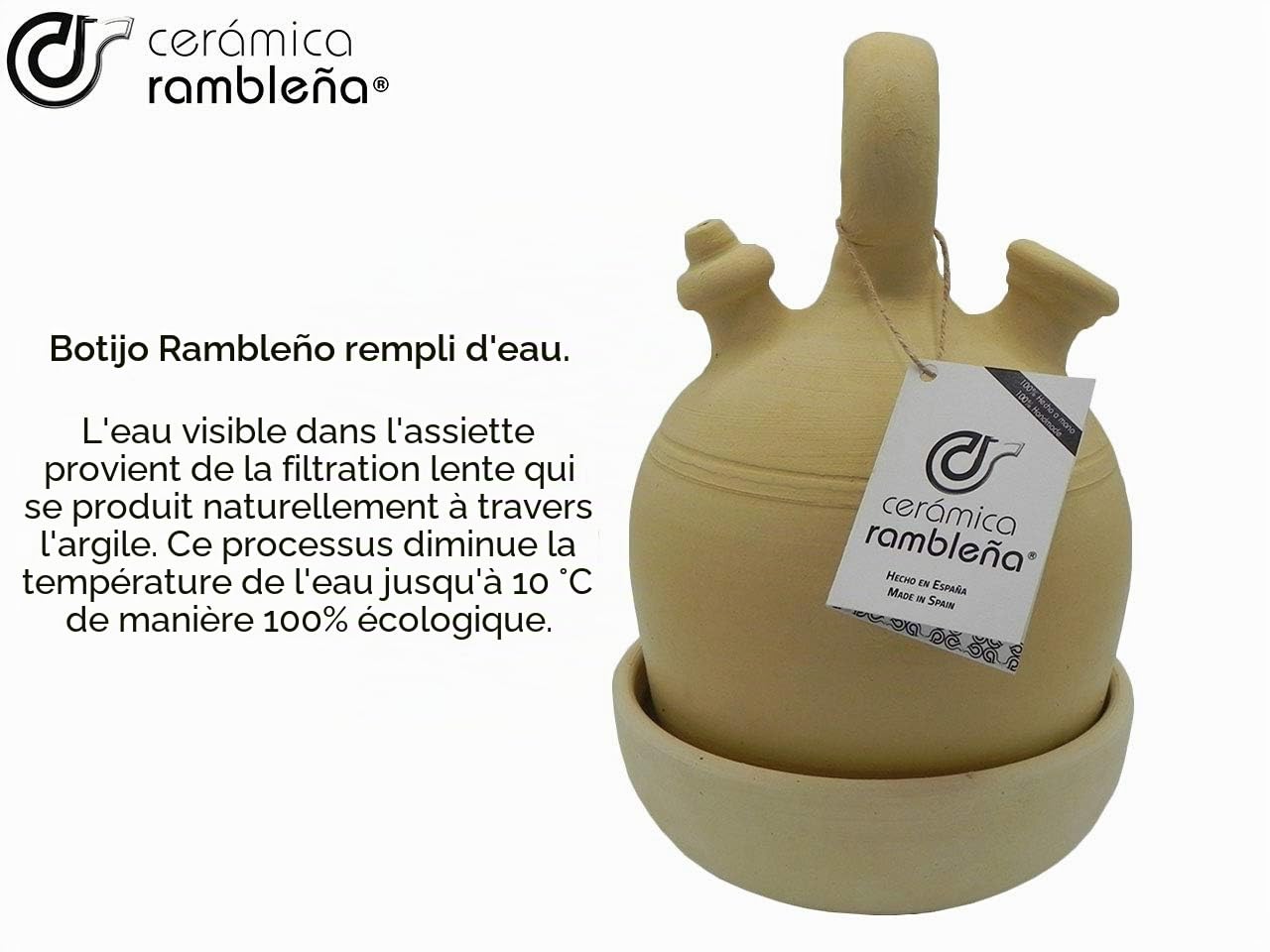 CERÁMICA RAMBLEÑA | Pichet traditionnel en terre cuite avec anse ronde et base large de La Rambla (Córdoba) | 100% fait main | 3 litres | Écho | Plaque NON incluse