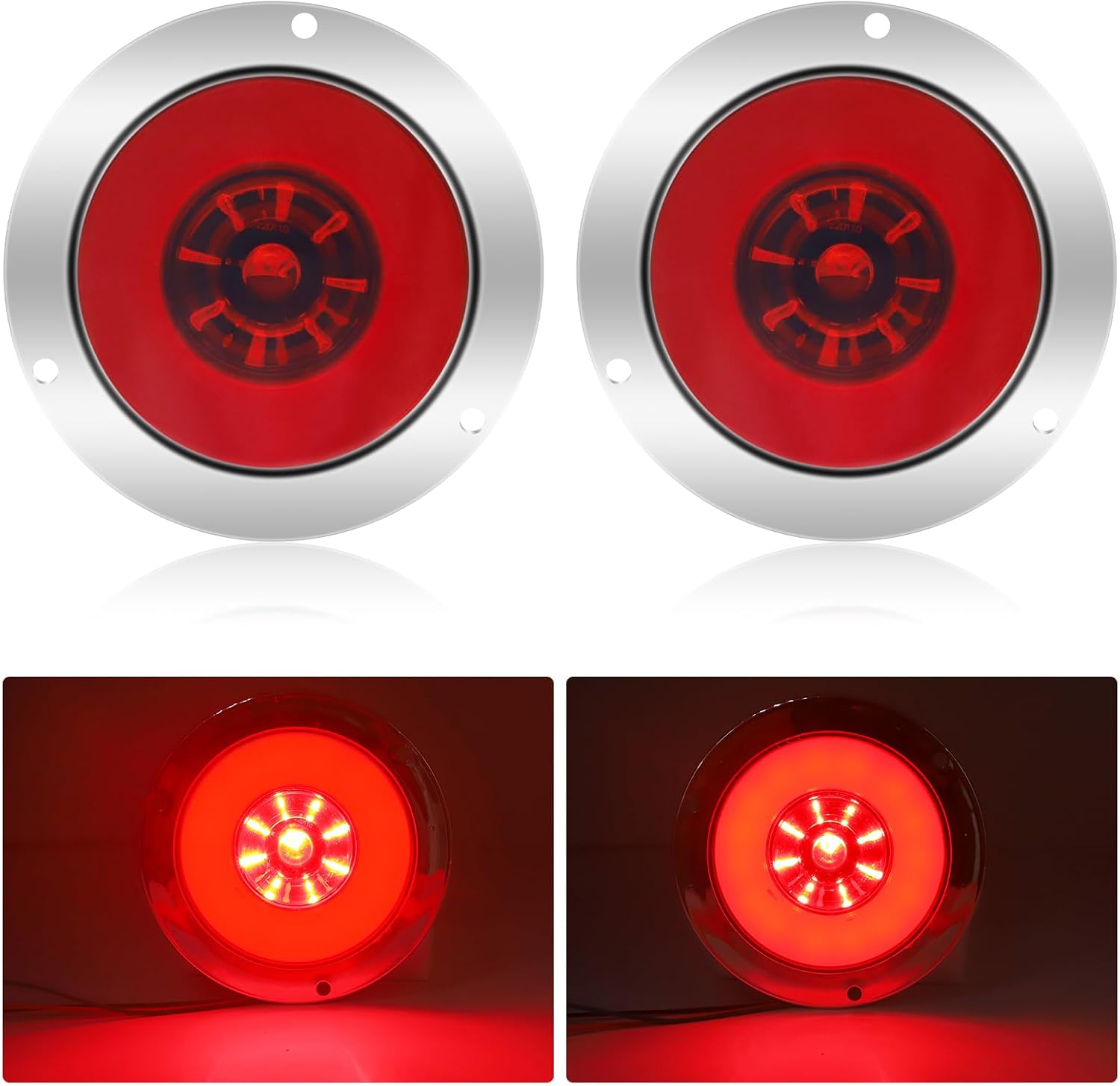 4 Inch Led Round Trailer Tail Lights 2PCS 24 LED Running Light Rear Brake Stop Light Indicator Marker Tail Lamp 24V for Trailer Truck Caravan Camper Tractor Lorry Van (Red & Amber)