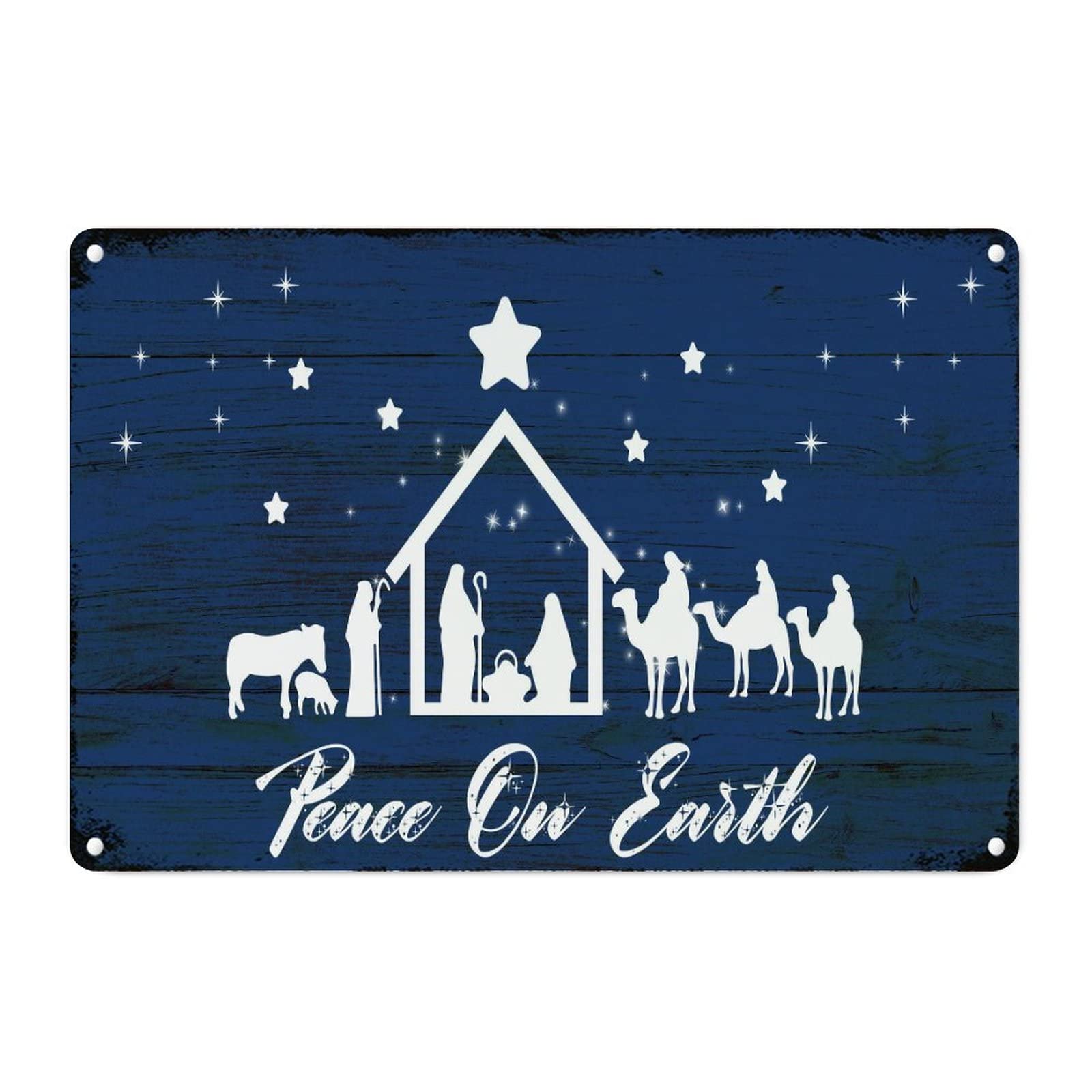 Crèche de Noël en métal déco murale rétro bleu marine 30x45 cm