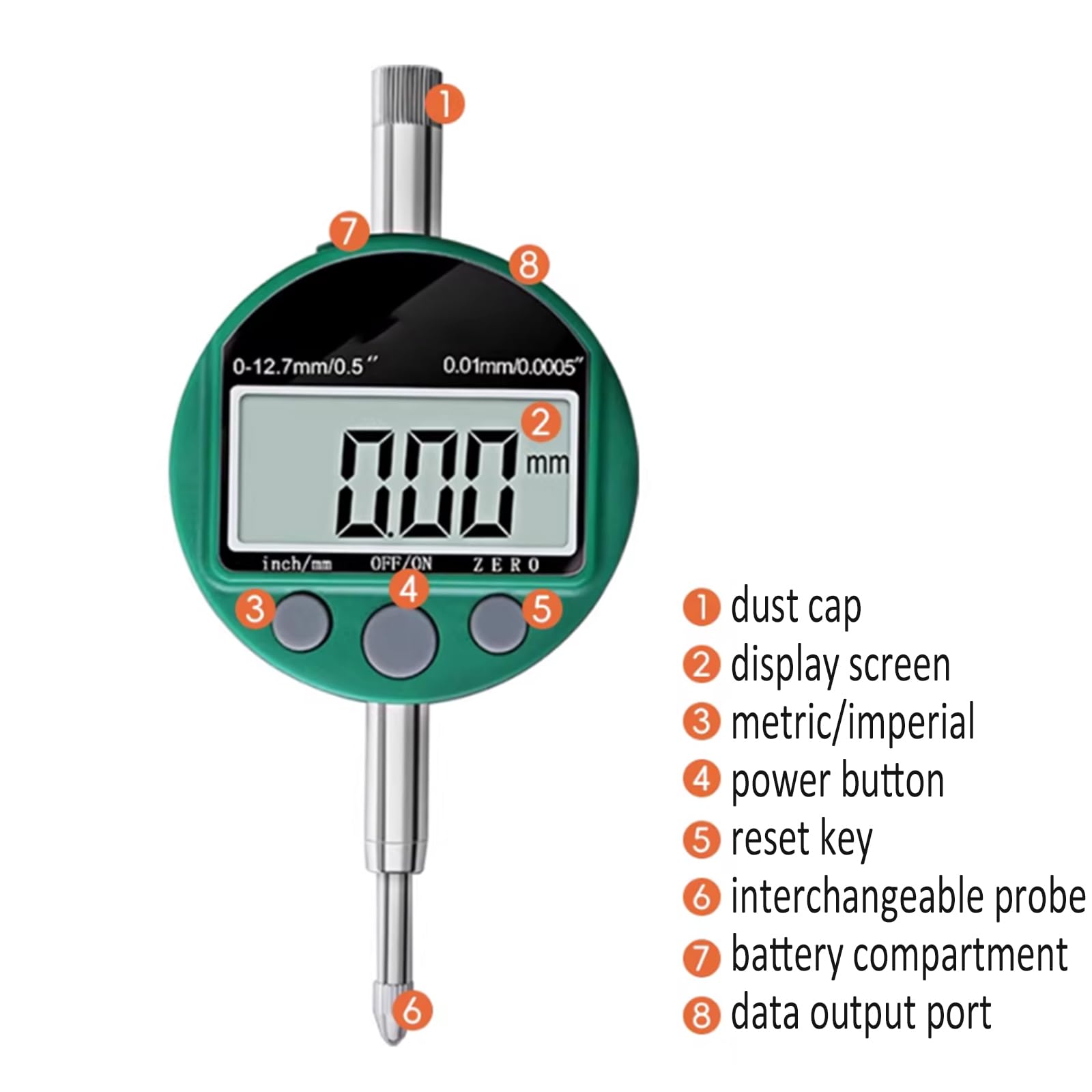 Indicador digital de alta precisión, rango de 0-12.7/25.4 mm, resolución de 0.01/0.001 mm, para inspección industrial y procesamiento mecánico