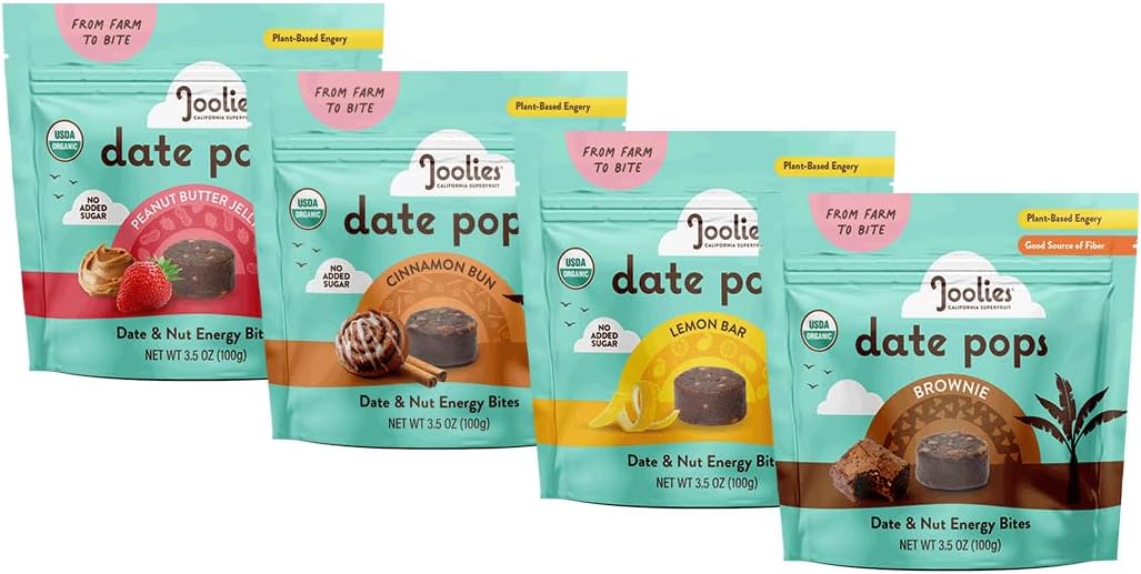 Joolies Date Pops Variety Pack (3.5 Ounce, Pack of 4) - Brownie, Cinnamon Bun, Lemon Bar, PB&J - Gluten Free, Kosher, USDA Organic, Wholesome Ingredients, Perfect for Snacking, Lunch Boxes, Healthy Dessert, CakeUSDA Organic