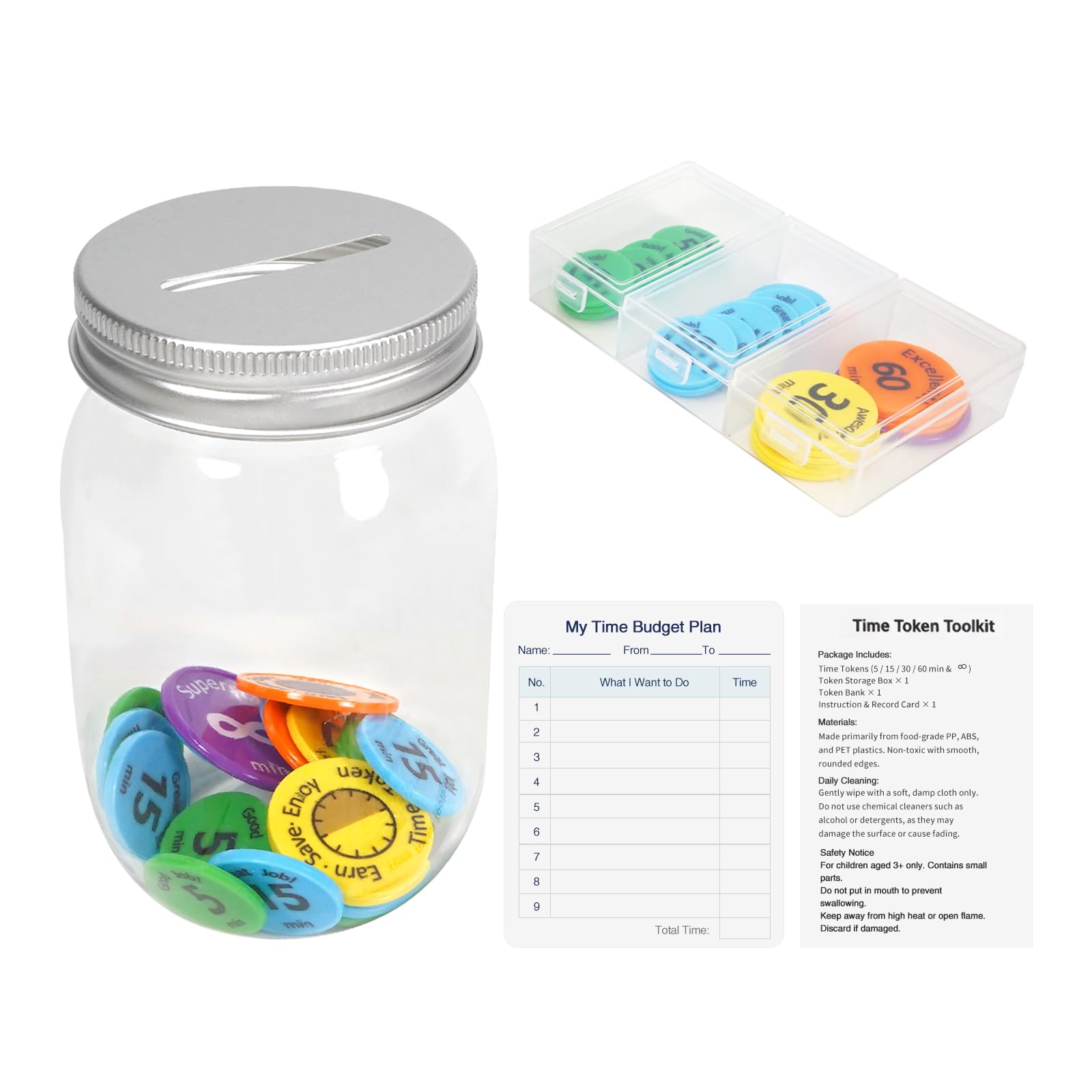 Time Token Kit for Kids-Earn, Save, Spend Kit to Build Time Management and Planning Skills. 55 Tokens, Piggy Bank,Storage Box. Ideal for Screen Time Limits, Behavior Management,Reward System