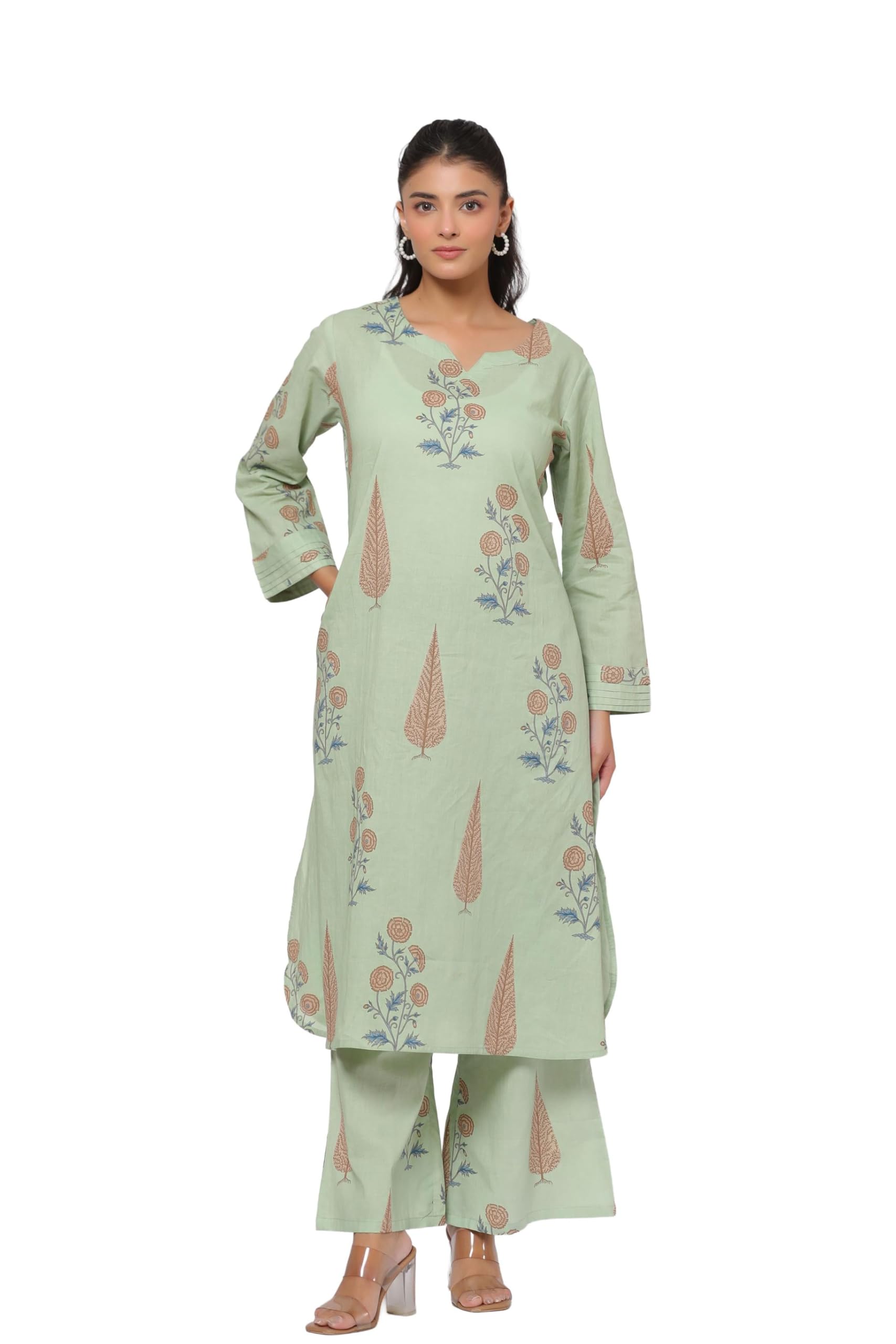 Pistachio Pastel Mughal BootaCotton Co-ord Set for Women-image-12