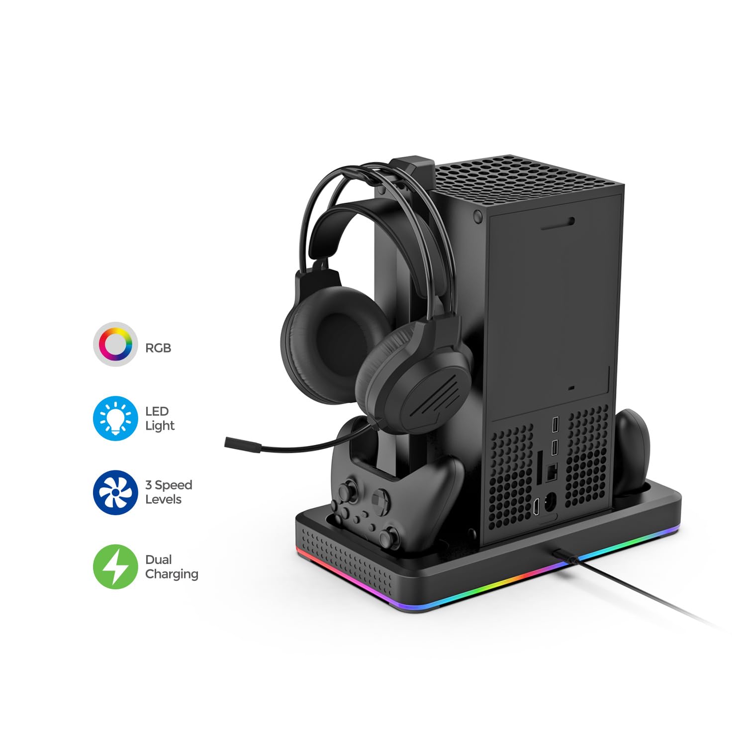 Base di raffreddamento RGB con ventola per Xbox Series X/S, caricatore controller e supporto cuffie (Nero)