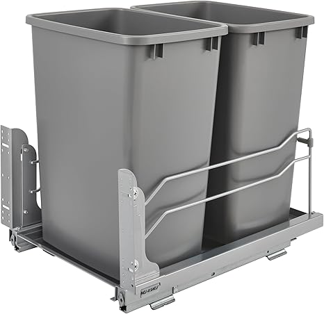 Rev-A-Shelf Double Pullout Trash Cans for Under Kitchen Cabinets 35 Quart 8.75 Gallon with Soft-Close Slides, Metallic Silver, 53WC-1835SCDM-217