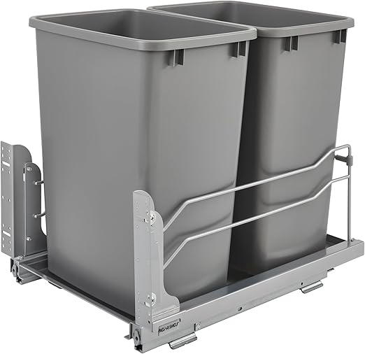 Rev-A-Shelf Double Pullout Trash Cans for Under Kitchen Cabinets 35 Quart 8.75 Gallon with Soft-Close Slides, Metallic Silver, 53WC-1835SCDM-217