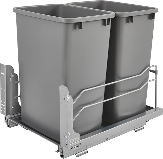Rev-A-Shelf Double Pullout Trash Cans for Under Kitchen Cabinets 35 Quart 8.75 Gallon with Soft-Close Slides, Metallic Silver, 53WC-1835SCDM-217