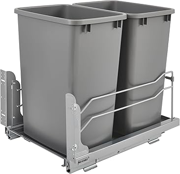Rev-A-Shelf Double Pullout Trash Cans for Under Kitchen Cabinets 35 Quart 8.75 Gallon with Soft-Close Slides, Metallic Silver, 53WC-1835SCDM-217