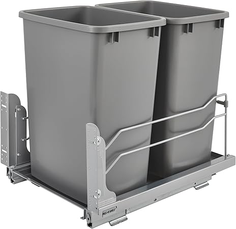 Rev-A-Shelf Double Pullout Trash Cans for Under Kitchen Cabinets 35 Quart 8.75 Gallon with Soft-Close Slides, Metallic Silver, 53WC-1835SCDM-217
