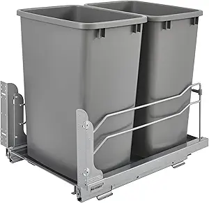 Rev-A-Shelf Double Pullout Trash Cans for Under Kitchen Cabinets 35 Quart 8.75 Gallon with Soft-Close Slides, Metallic Silver, 53WC-1835SCDM-217