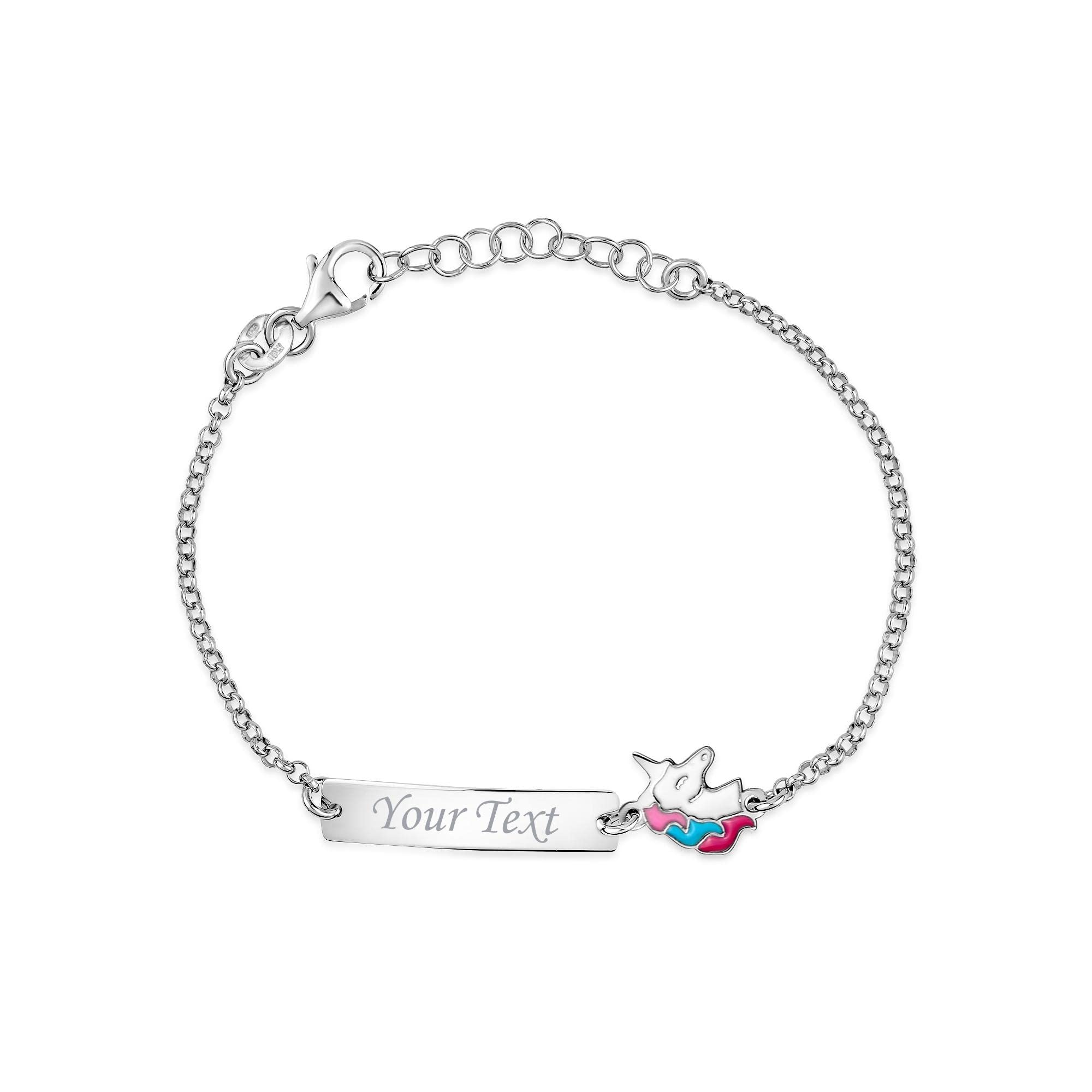 UNICORNJ Sterling Silver 925 Engravable ID Bracelet Rolo Chain for Girls Heart with Pink Enamel 6.5"