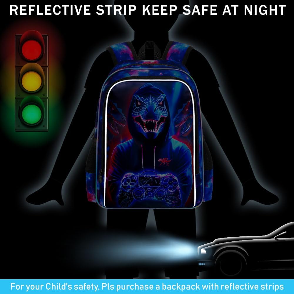gxtvo 3PCS Kids Dinosaur Game Bookbag, 17" Boys Dino Backpack with Lunch Box, Water Resistant Middle Elementary School Bag - Dinosaur Game - Image 2