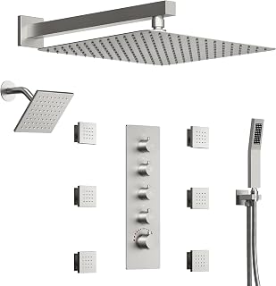 Thermostatic Shower system with 6 Body Jets, 16, 6 in. Bathroom Shower Set Wall Mount Dual Shower Head Faucet in Brushed Nickel