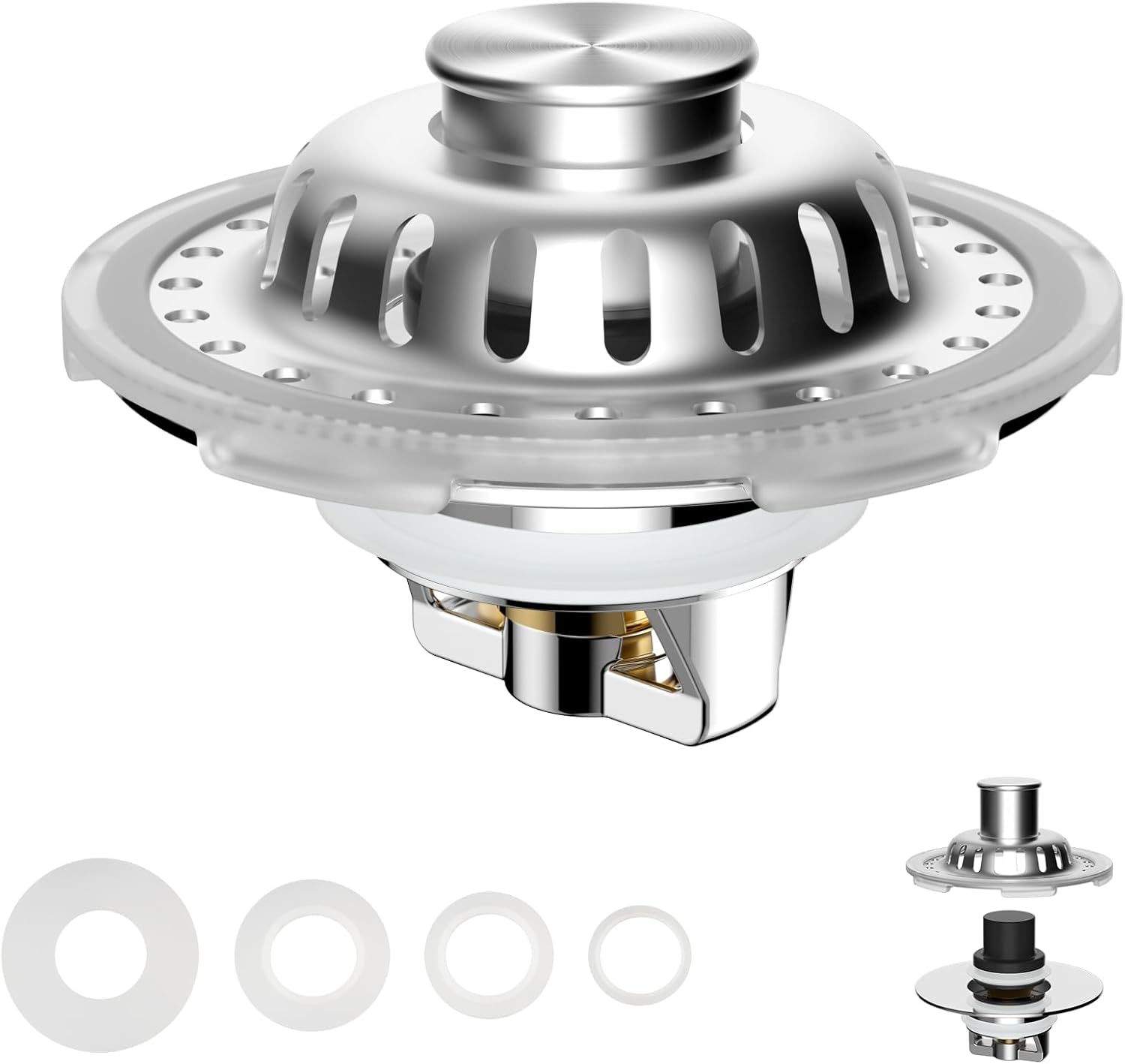 Universal Bathtub Drain Stopper Shower Hair Catcher Bathroom Sink Strainer, Tub Stopper with Visible Top Strainer, Brass Metal 3 in 1 Stopper for Standard 1.1''~2.36'' Hole, Transparent Edge, Chrome