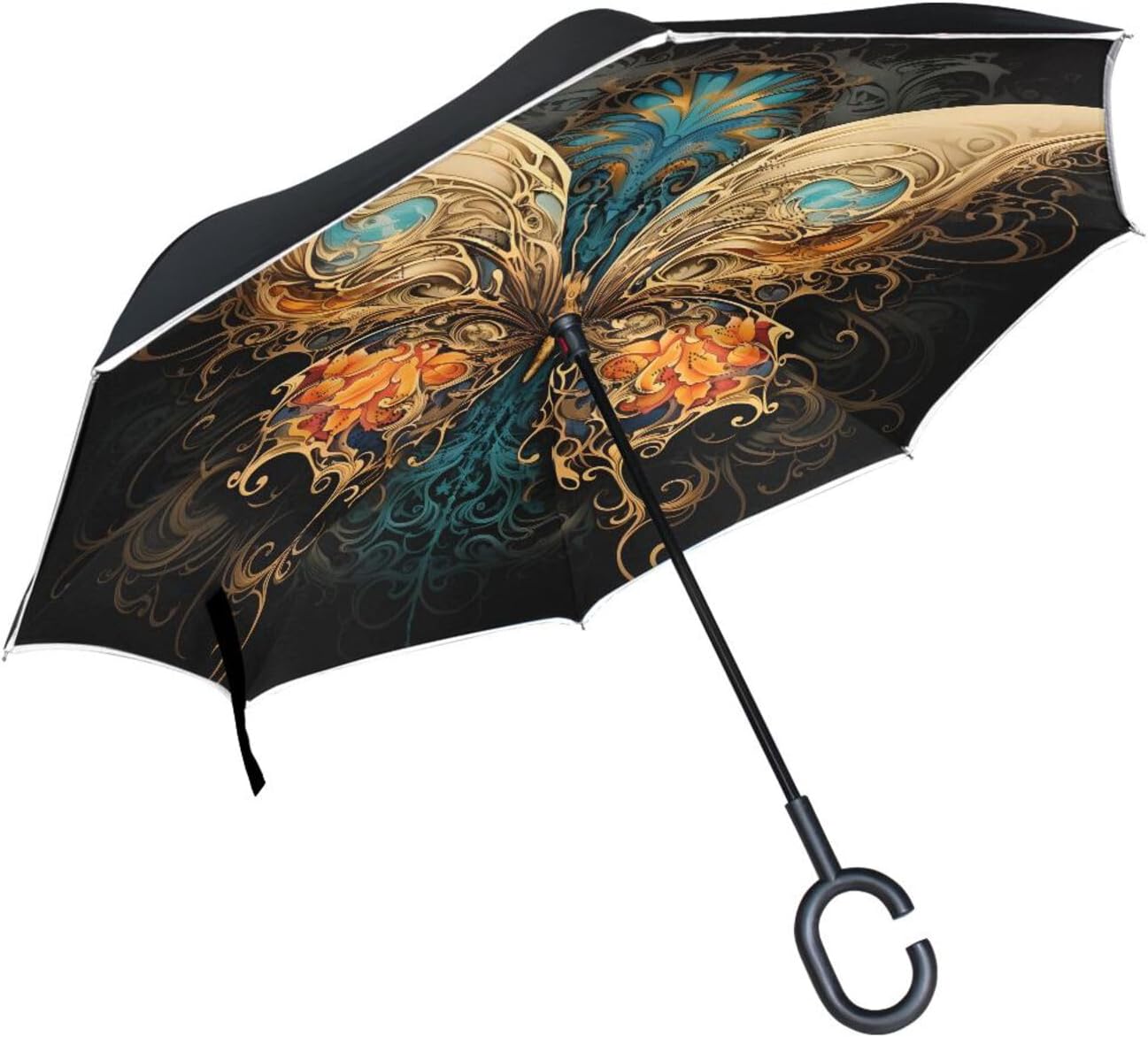 Butterfly Inverted Umbrellas for Rain Windproof Reverse Upside Down Golf Umbrella with C-shape Handle for Men Women