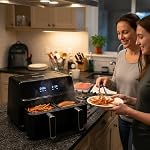 Friteuse à air à double panier NutriChef 8,8 QT | Cuiseur numérique sans huile de taille familiale avec fenêtre transparente | 9-1 options de cuisson prédéfinies | Technologie de circulation d'air chaud à 360° | 4,4 QT par panier | Noir