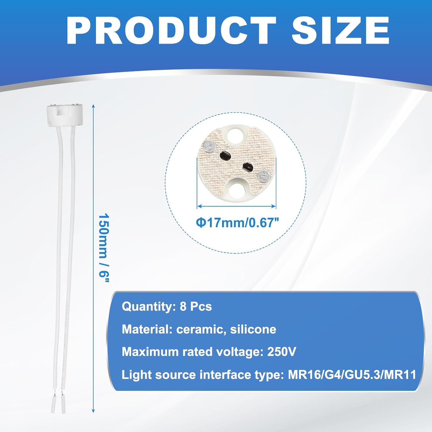 G4 Bulb Socket, 6Inch 8Pcs - 250V Round Ceramic LED Halogen Lamp Light Bulb, White Base Connector for Halogen Bulbs, Multi-Type Replacement Socket for MR16/GU5.3 /MR11
