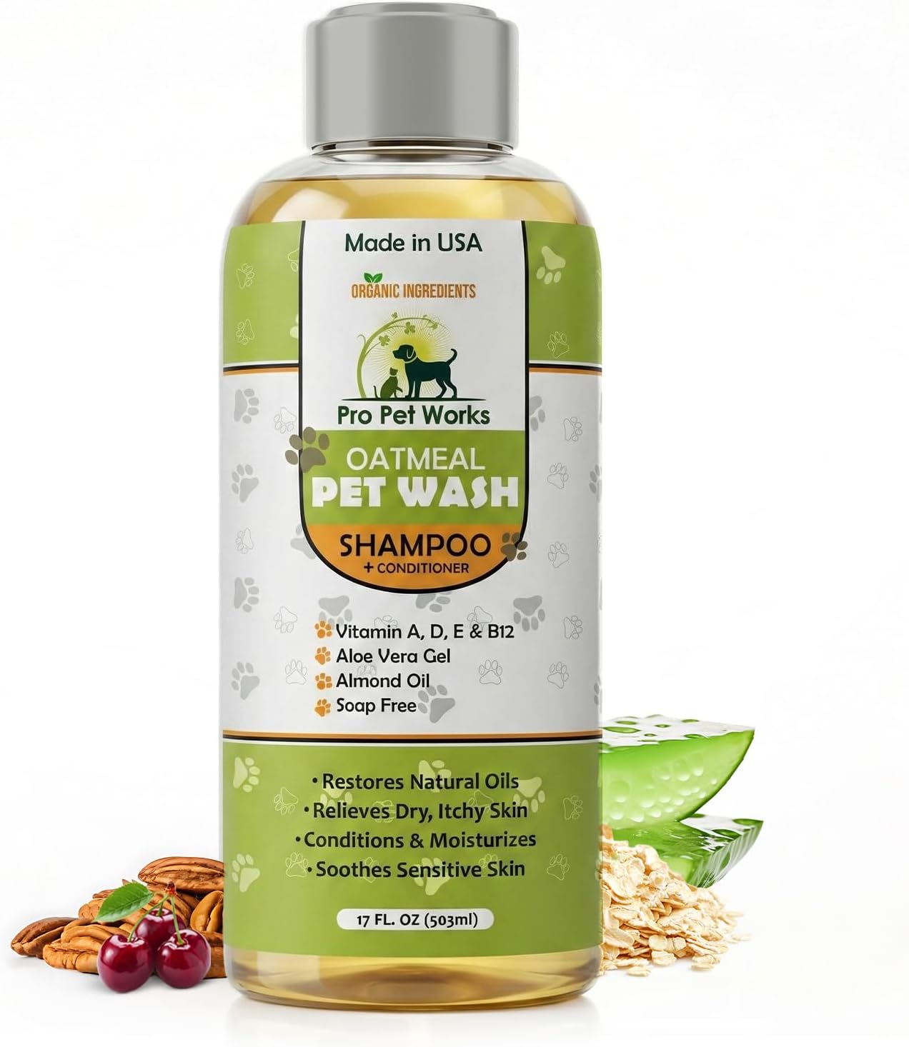 Pro Pet Works All Natural Oatmeal Dog Shampoo + Conditioner for Dogs, Cats and Small Animals-Hypoallergenic and Soap Free Blend with Aloe for Allergies & Sensitive Skin- 17oz
