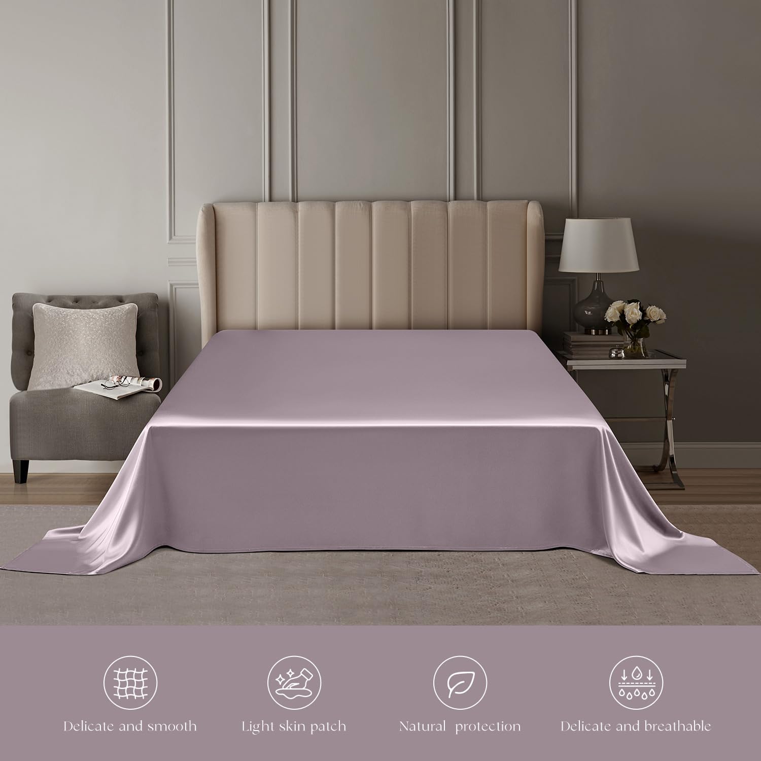 DISANGNI 100% Mulberry Silk Flat Sheet - 22 Momme, Natural 6A Grade, Luxurious and Smooth, Hypoallergenic, Breathable, Skin-Friendly (Light Purple, Queen)