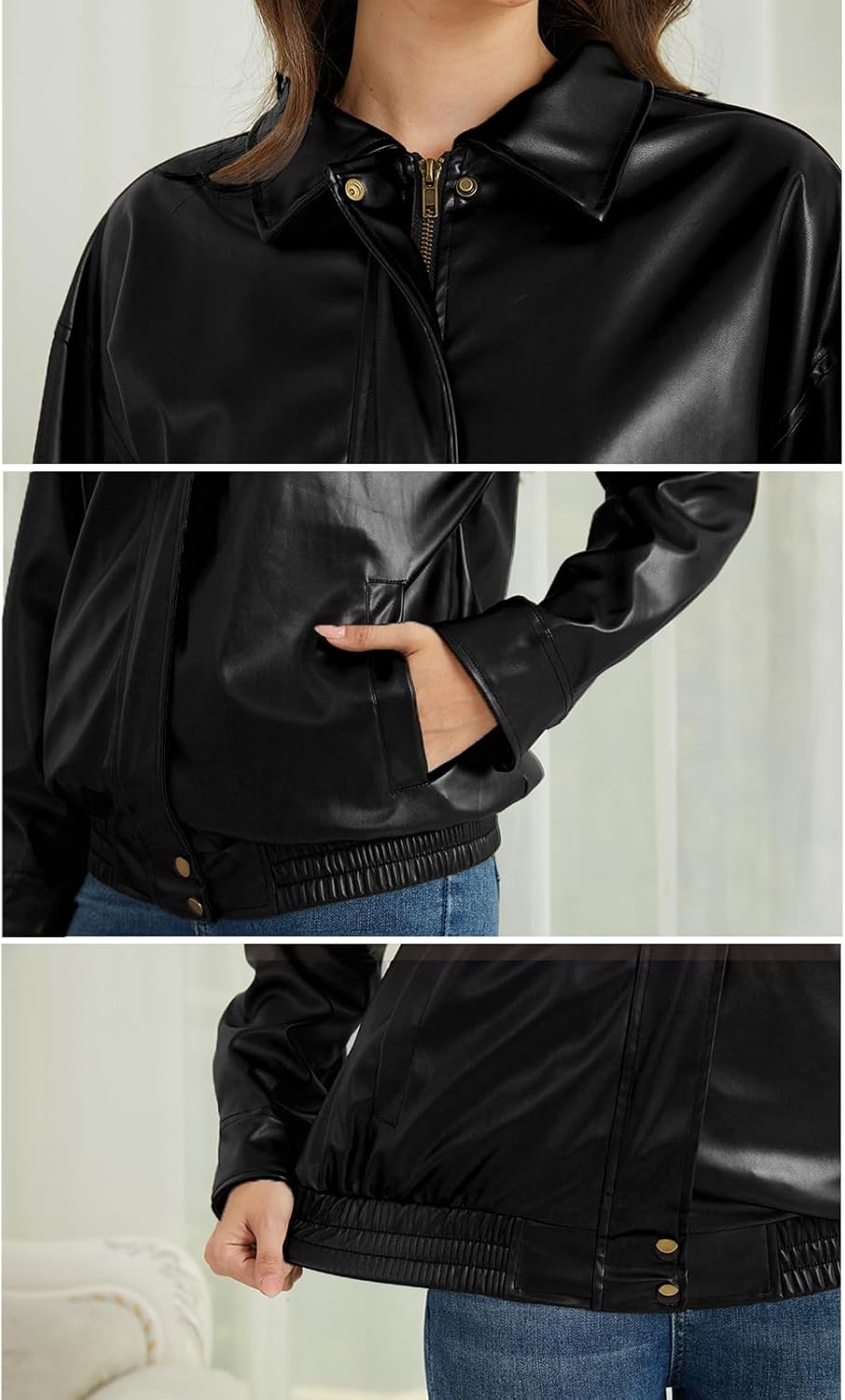 Women's Leather Jacket Faux Zip up Oversized 2025 Fall Motorcycle Outerwear With Pockets - Image 6