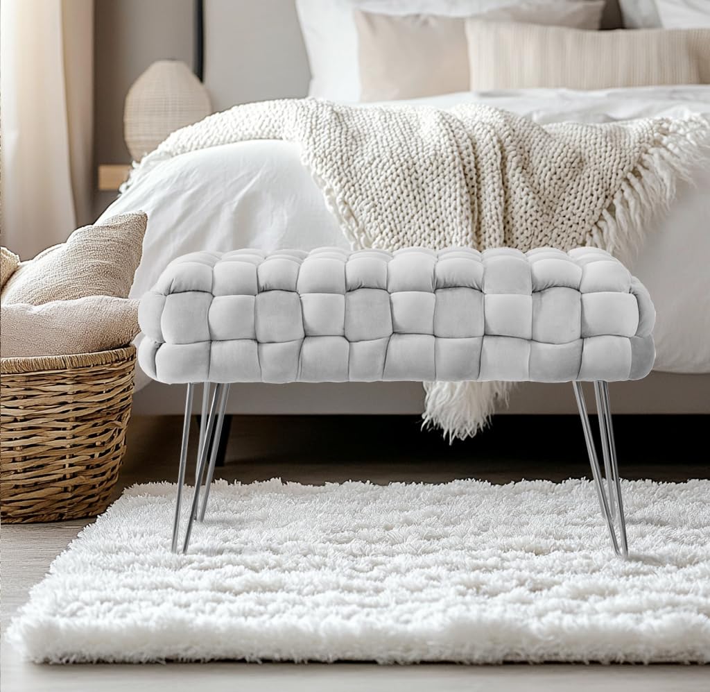 Zedelmaier Moderner Velvet SitzBank, Quadratisch Ottoman-Fußhocker mit Silbernen Metallbeinen, Gepolsterte SitzBank,Strick Samt Bank (Grau, 70x38x41.5cm)