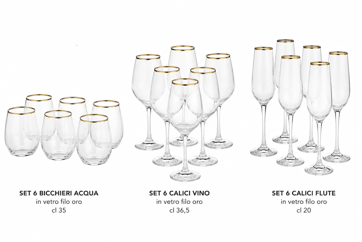 SWEET HOME Varotto & Co. Set 18 Pezzi Bicchieri in Vetro Trasparente con Filo Oro - 6 Calici Flute 20 cl, 6 Bicchieri Acqua 35 cl, 6 Calici Vino 36,5 cl cod.BC02830AU