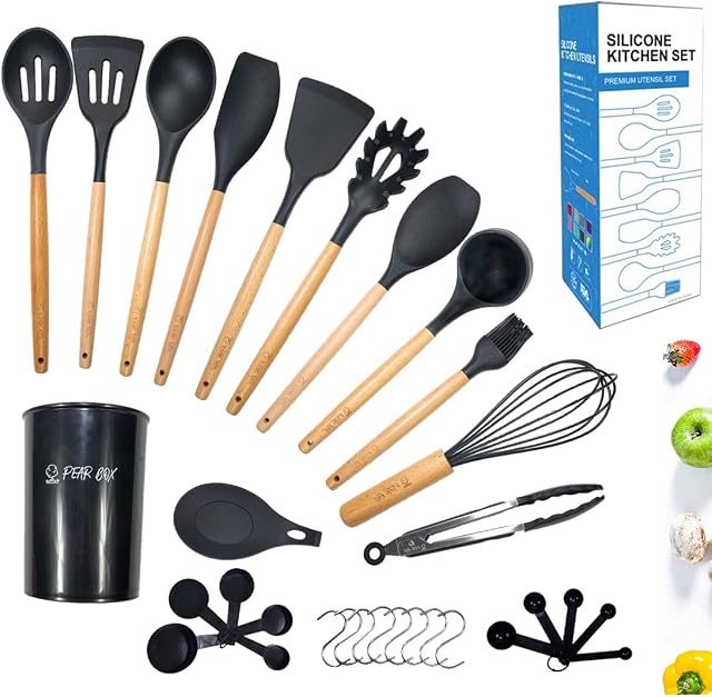 Pear Box Kitchen Cooking Utensils Set 33 pcs Non-Stick Silicone Spatula Set with Turner Tongs Holder Whisk Hanging Hooks Wooden Handle Heat Resistant Gadgets (Black)