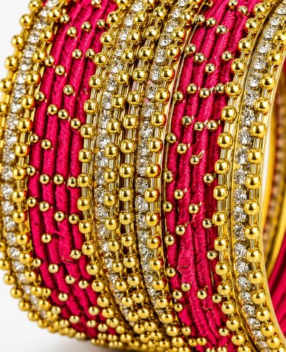 Image of NMII Non-Precious Metal with Base Metal and Zircon Gemstone Studded Ball Chain Linked Glossy Finished Silk thread Bangle set for Women and Girls
