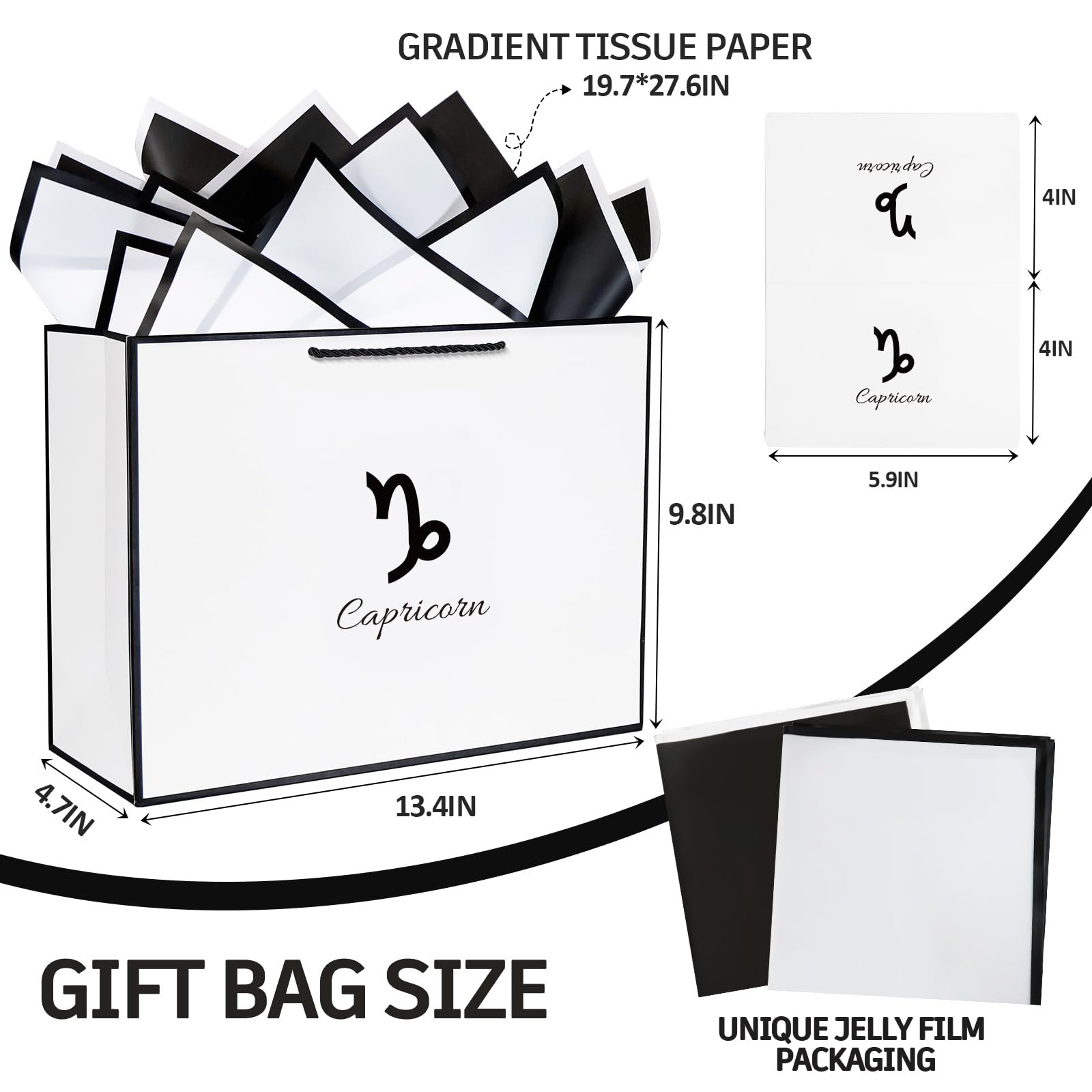 Kecorax Sacchetti regalo con segni zodiacali Capricorno da 34 cm, con biglietti di auguri abbinati, sacchetti regalo con carta velina per compleanni, matrimoni e feste a tema