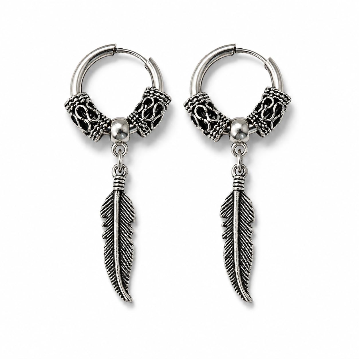Oxidised Silver Tone Feather Charm Hoop Earrings for Men and Women, Boho Tribal Bali Dangle Ear Ring, 50 mm Height x 20 mm Width SEr202602-image-24