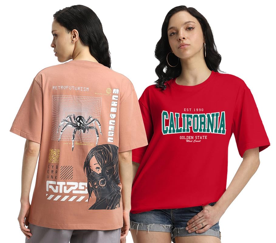 Image of JUNEBERRY Pure Cotton Oversized Fit Drop Shoulder Stylish & Front & Back Graphic Printed Round Neck T-Shirt Combo for Women (Pack of 2)