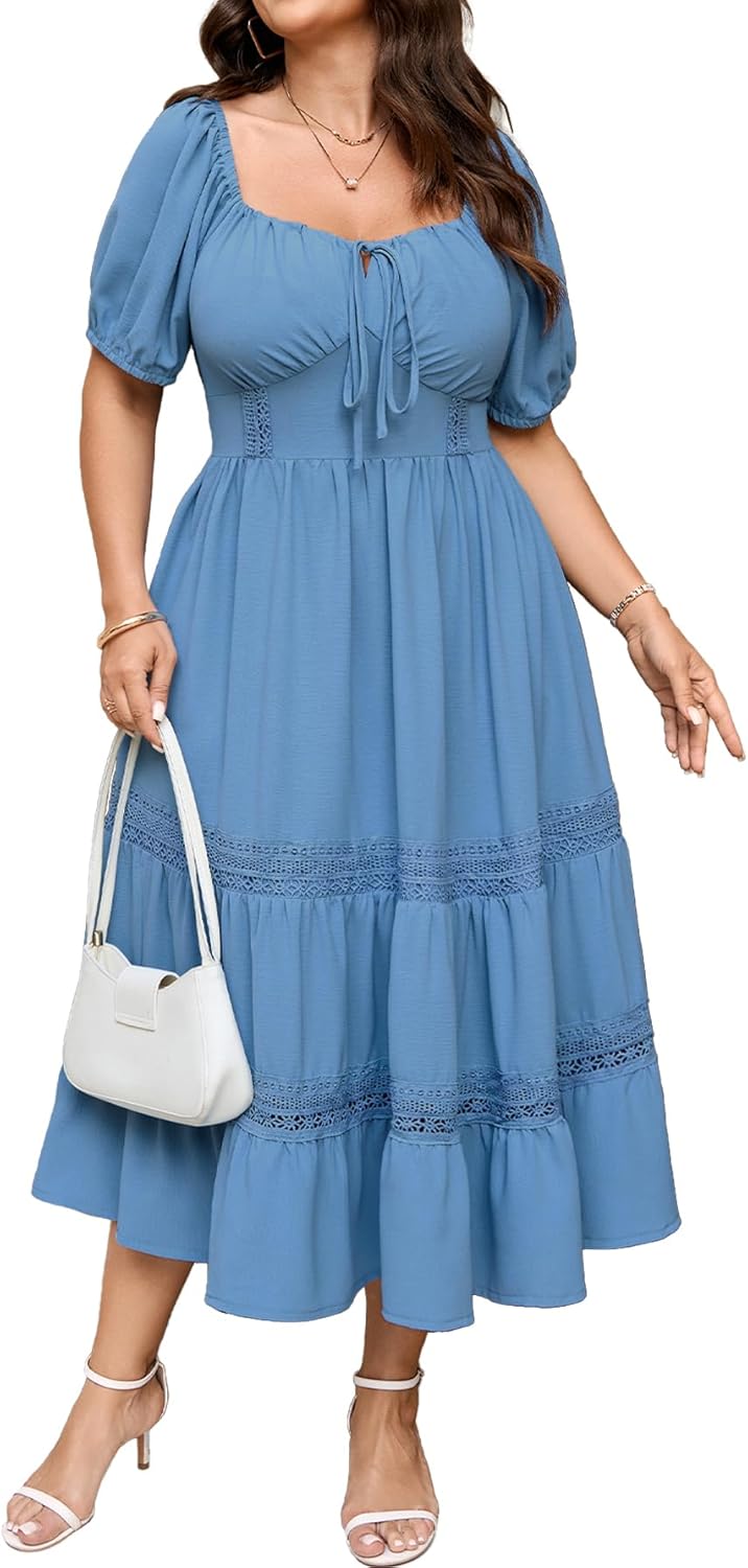 SCOMCHIC Womens Plus Size Maxi Dress Short Sleeve Square Neck Smocked Boho Wedding Guest Lace Trim Tiered A Line Dresses