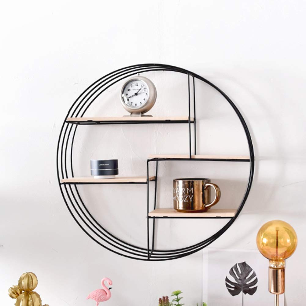 Étagère murale ronde en bois et métal noir à 3 niveaux pour salon et bureau