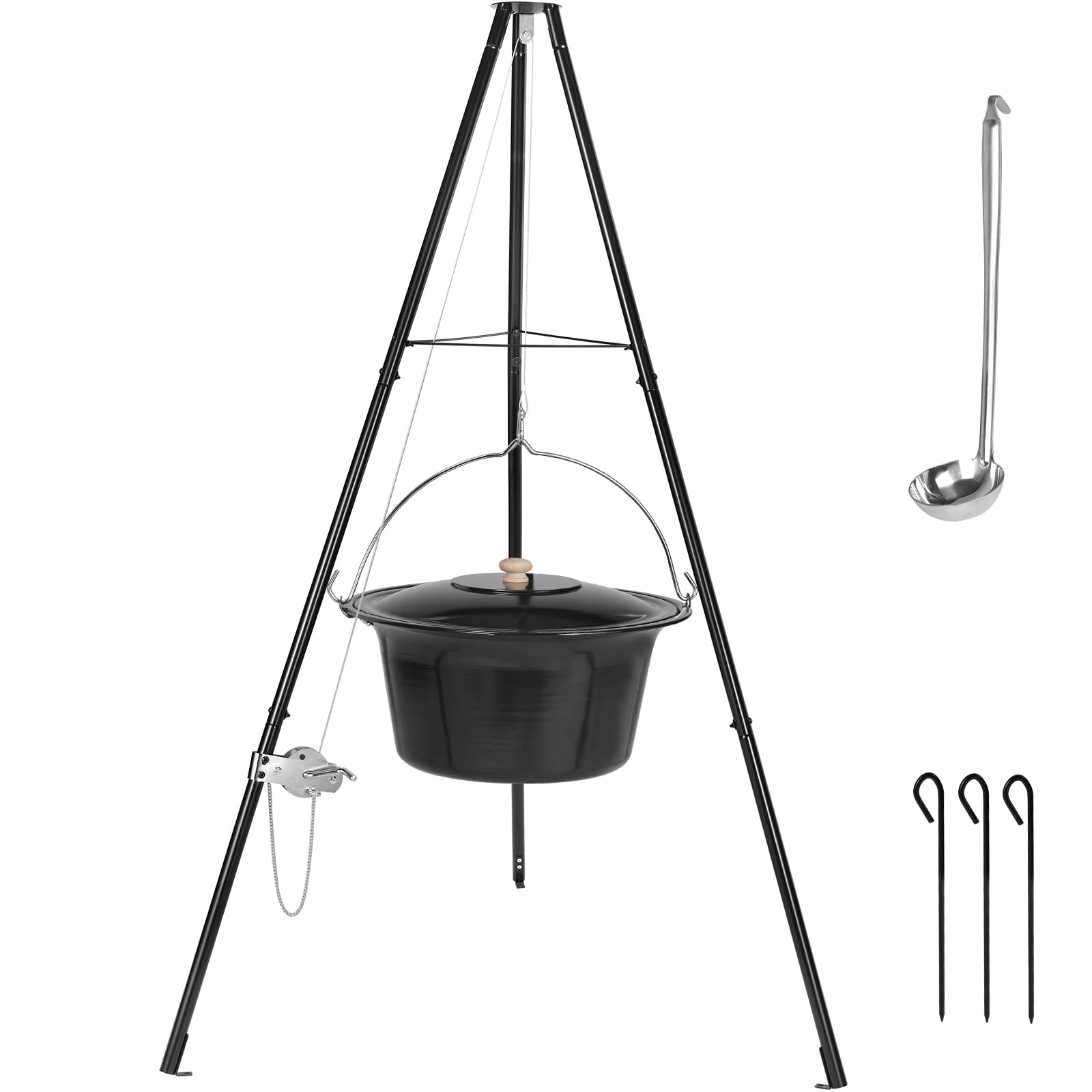 Bouilloire à Goulasch de 30 L avec Trépied et Cuillère, Goulasch Originale Hongroise, avec Chaîne Réglable en Hauteur, Ensemble de Marmites à Goulasch, Pot à Goulasch Émaillé, pour 25-30 Personnes
