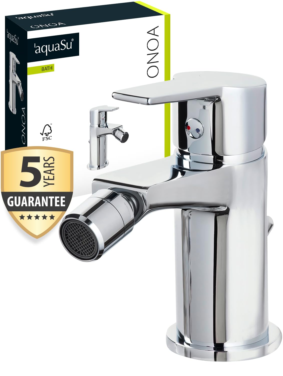 aquaSu® Bidet-Armatur Onoa, mit Excentergarnitur, Wasserhahn Bidet, leichtgängige Keramikkartusche, Standard-Montage, Messingkern, verchromt, 799119