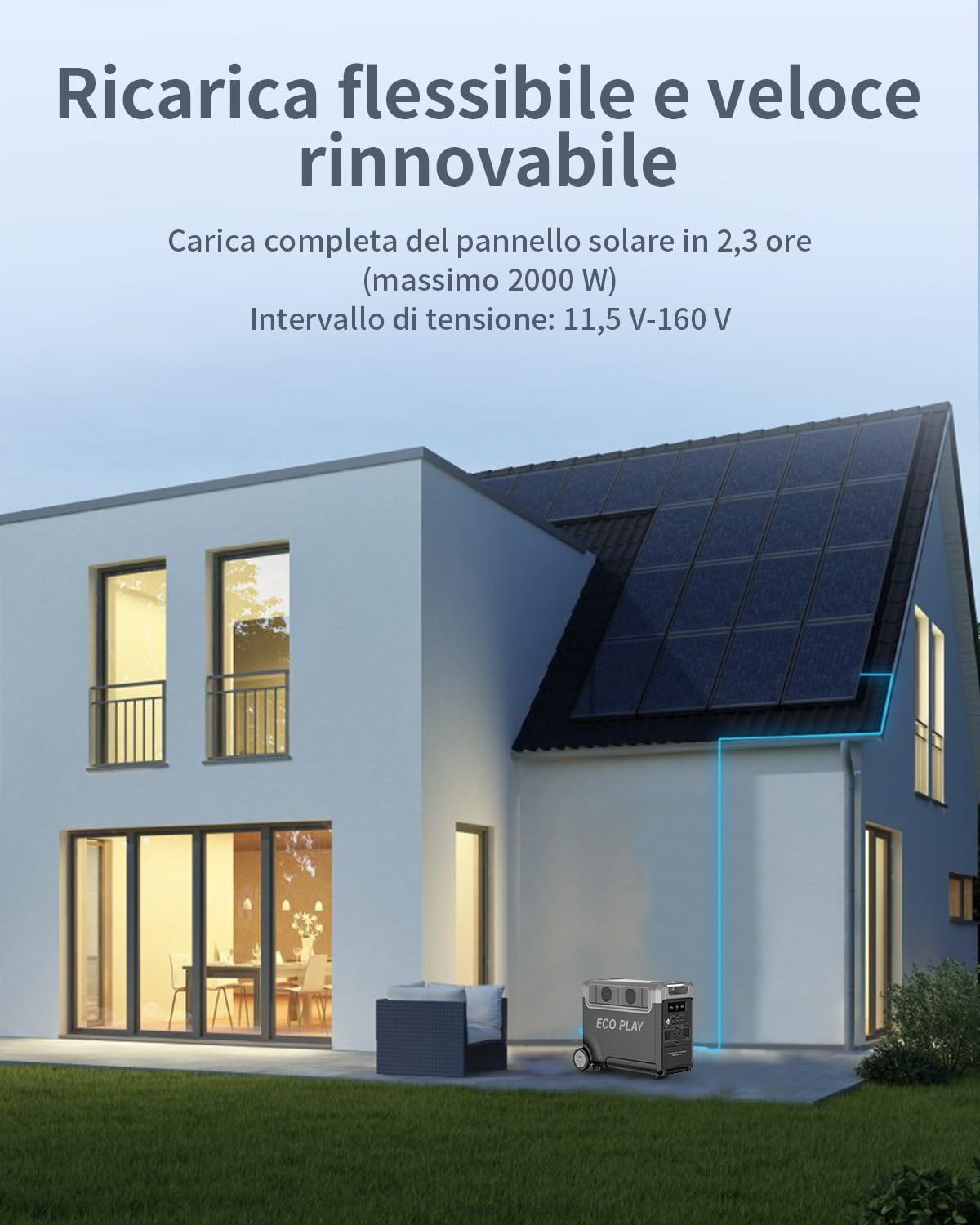 Stazione di alimentazione 3600W, generatore solare ECO PLAY con batteria LiFePO4 da 3840Wh, ricarica rapida in 2 ore, uscita 3x230V AC, accumulo con UPS per alimentazione di mergenza/campeggio/camper