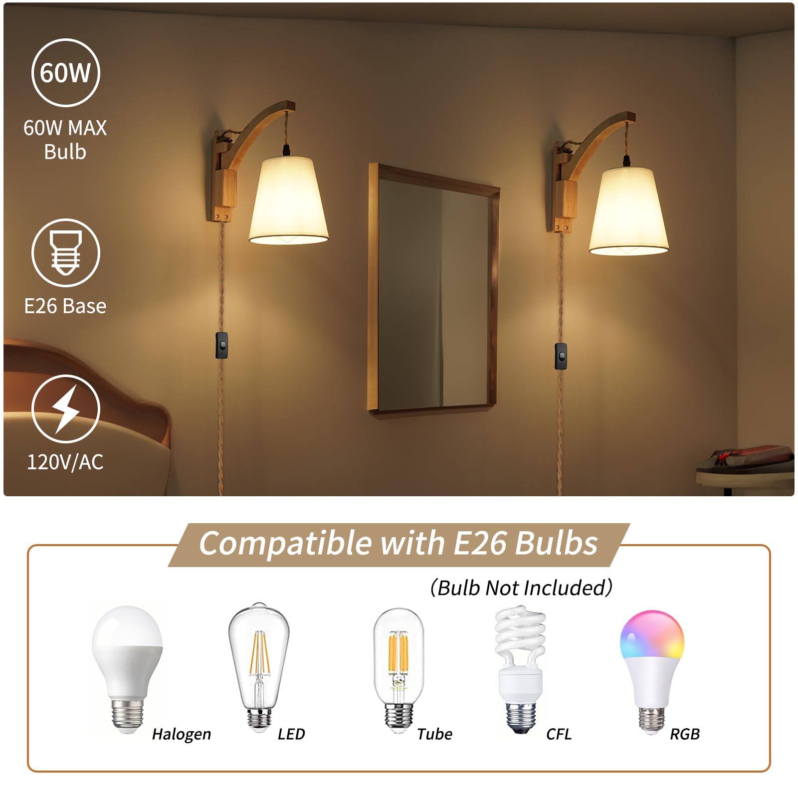 Frideko Plug in Wall Sconces Set of Two Swing Arm Wall Lamp with Plug in Cord Indoor Wall Light Fixtures with Fabric Shade Farmhouse Wall Sconce Boho Sconces Wall Lighting for Bedroom Living Room