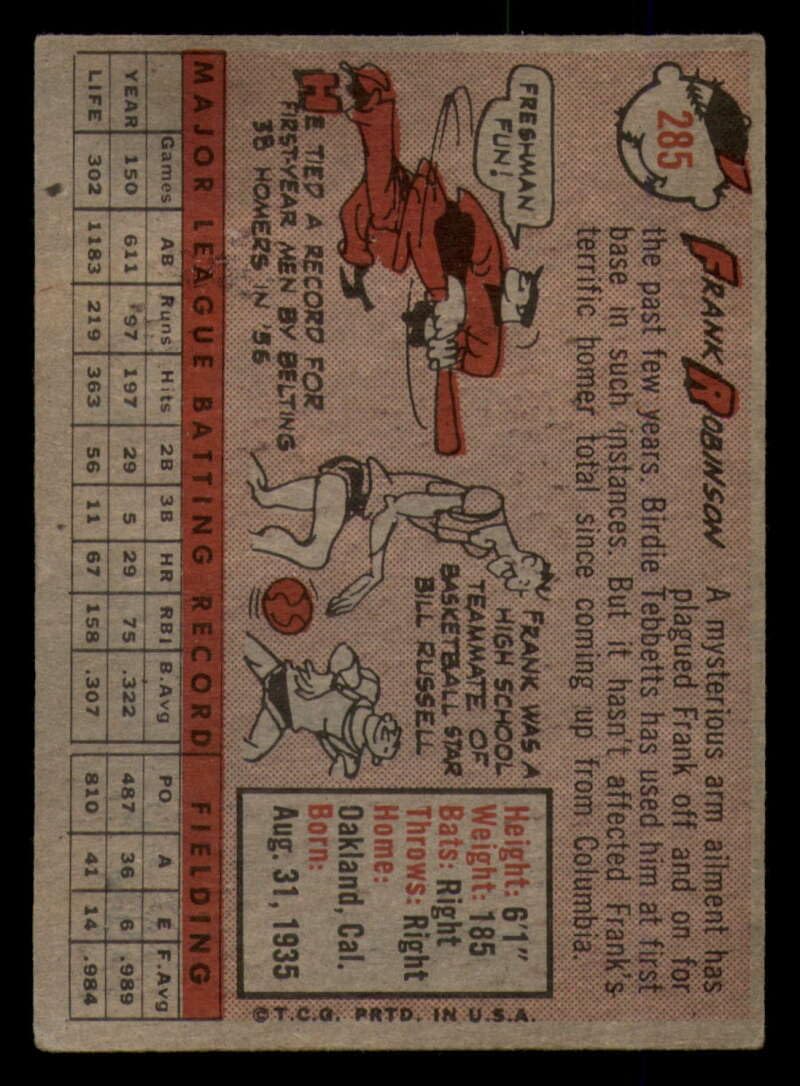 Baseball MLB 1958 Topps #285 Frank Robinson VG/EX Very Good/Excellent Reds