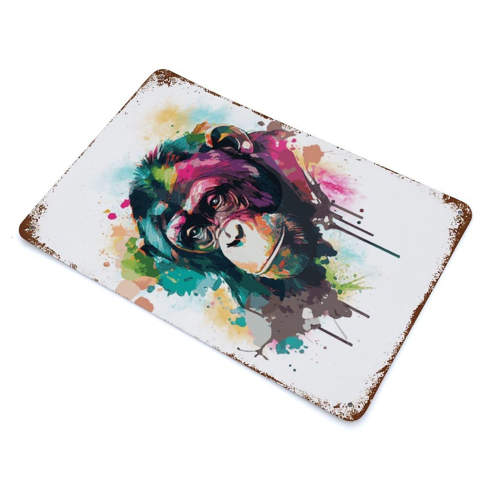 Watercolor Monkey 11.8"x7.9" Aged Metal Wall Plaque, Retro Wall Decor for Farmhouse, Kitchen And Entryway Decor