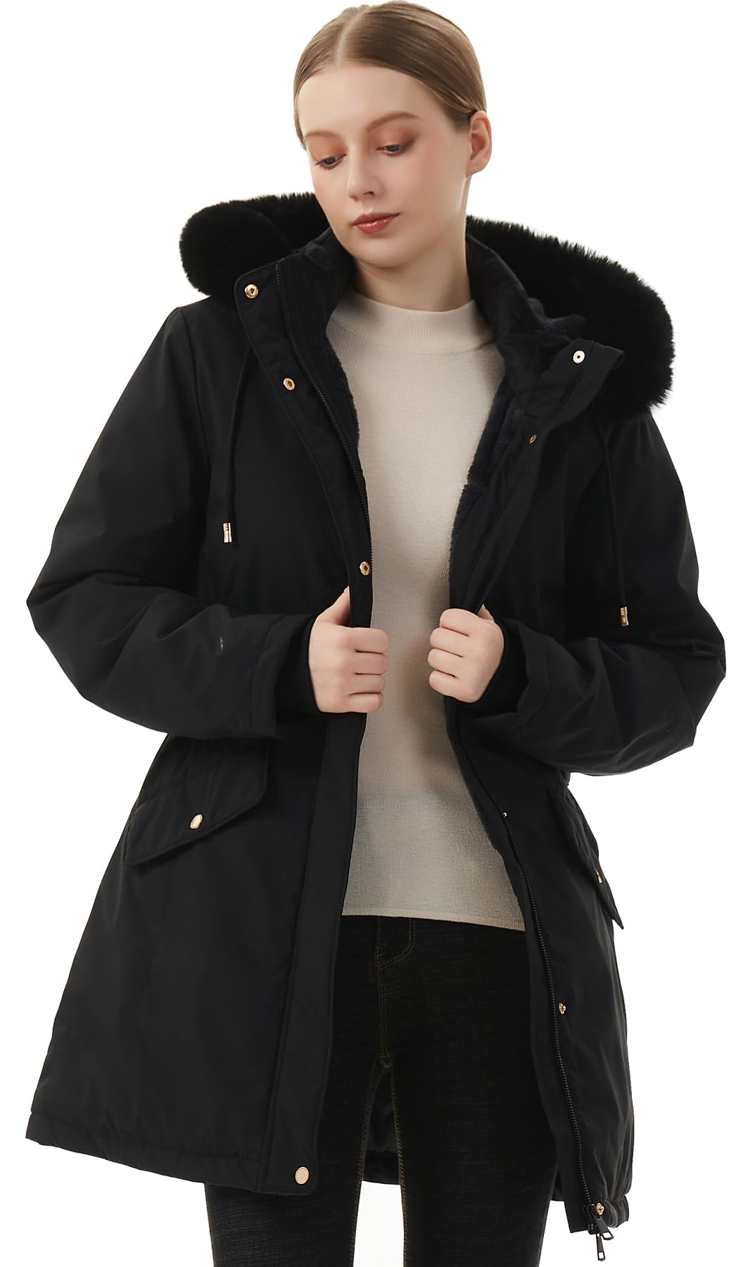 MOERDENG Piumino invernale da donna, lungo, spesso, foderato in pile, caldo piumino con cappuccio staccabile in pelliccia sintetica