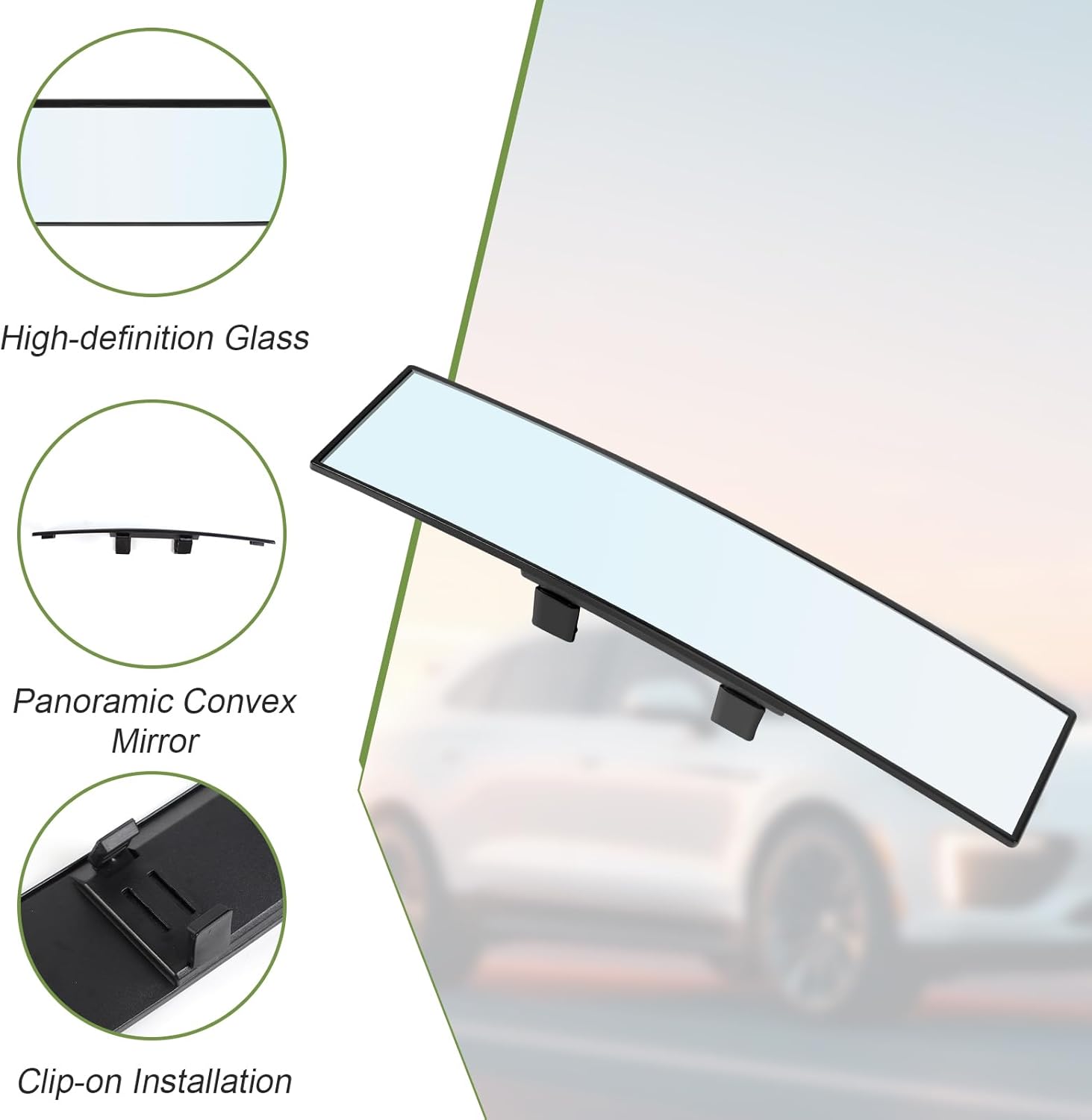 REGUICORP Rear View Mirror, 12 Inch Universal Wide Angle Rear View Mirror Accessories Panoramic Convex Clip-on for Cars, SUVs, Trucks, Vehicles