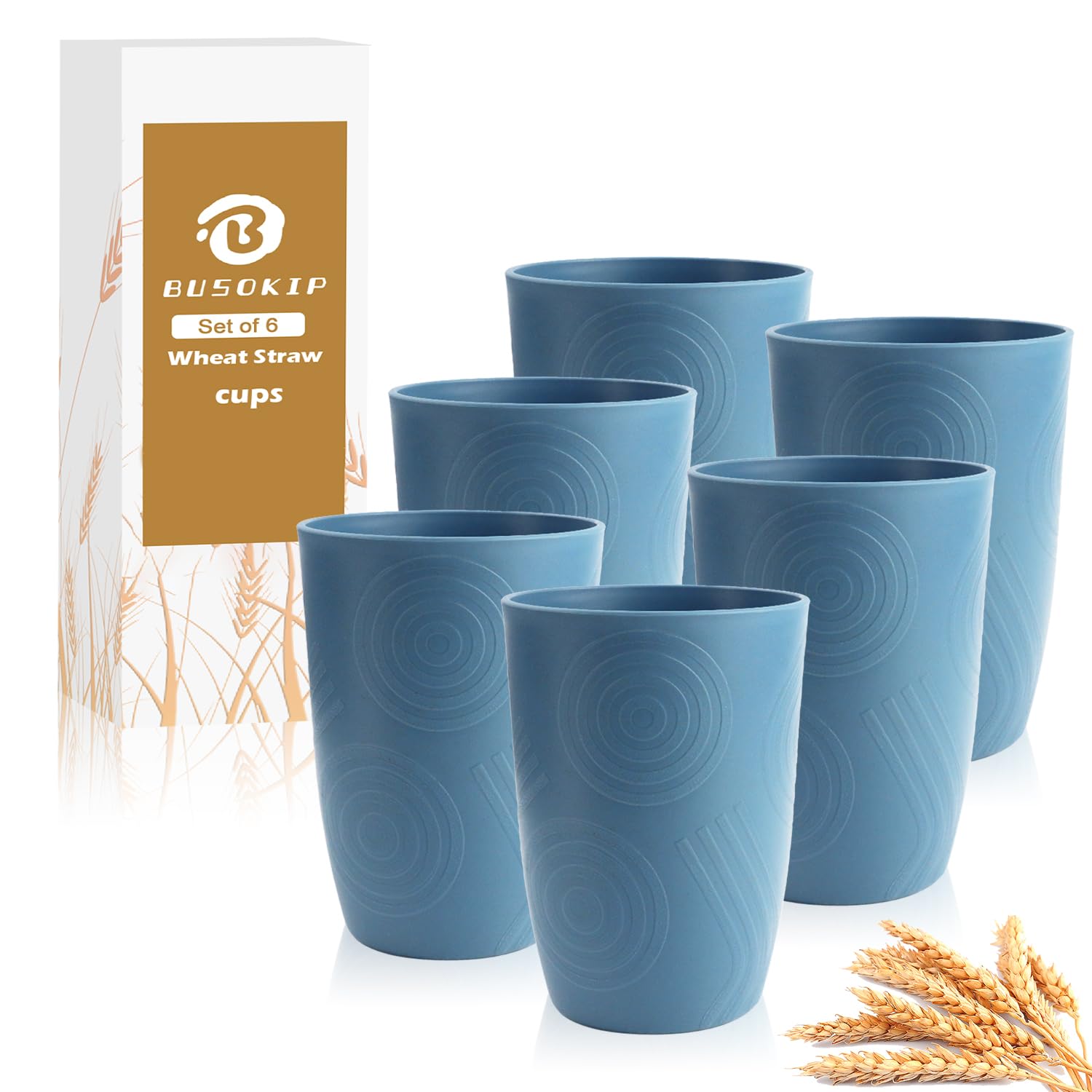 16oz Water Tumbler, Plastic Cups Set of 6, Wheat Straw Cups - Blue