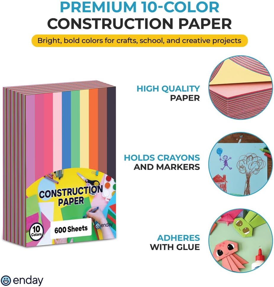 Construction Paper Assorted Colors, (600 Sheets) 10 Bright Colors, 9”x12” Bulk Craft Paper, Standard Weight Construction Paper, Color Paper for Kids Arts & Crafts and School Projects, by Enday