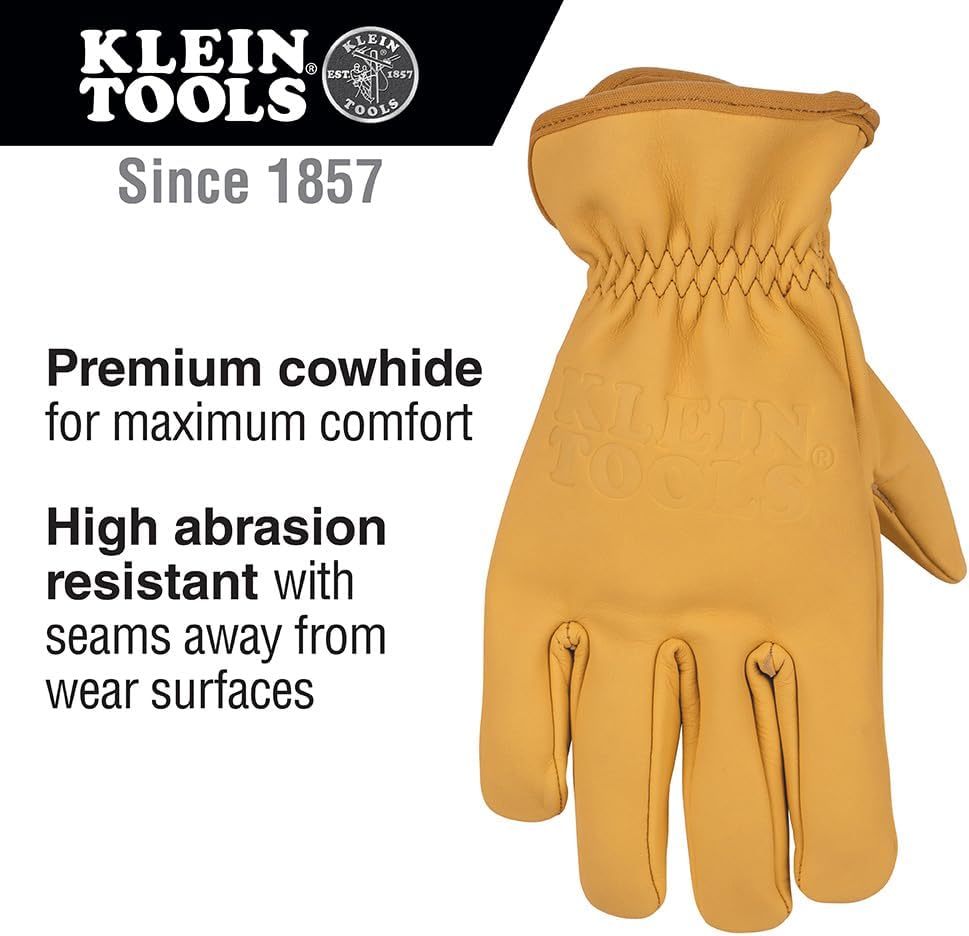 Klein Tools 60604 Work Gloves, Premium Cowhide Leather Gloves, Abrasion-Resistant Split Leather Palm Patch, Large