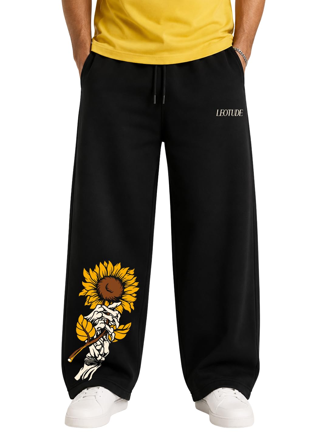 leotude Men's Premium Cotton Printed Baggy Track Pants | Korean Style Joggers | Relaxed Fit Casual Streetwear Trousers | Soft Cotton Blend Gym, Travel Track for Mens (Black)-picture-17