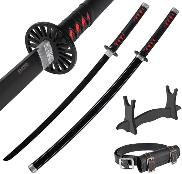 Katana Legno 77 cm con Cintura e Supporto - Damon Slayer Spada Ninja per Cosplay Anime e Costume Carnevale - Catana Giapponese Wakizashi Decorativo - Katane Giapponesi in Bambù (Non Affilata) - 1