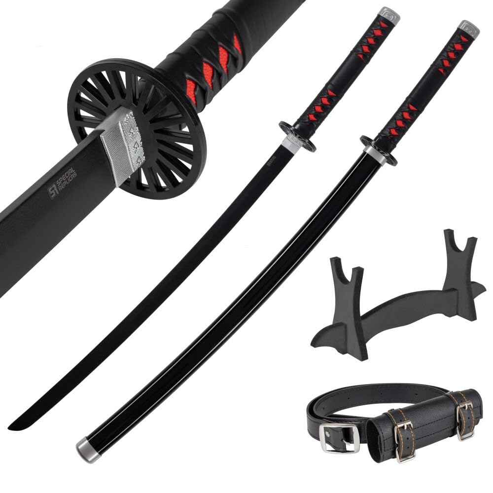 Wooden Katana Sword 30 inch / 77 cm with Belt Holder and Stand - Deamon Slayer Short Samurai Sword for Anime Cosplay - Bamboo Wakizashi Replica Swords - Decorative Collectables (No Sharp Edges)