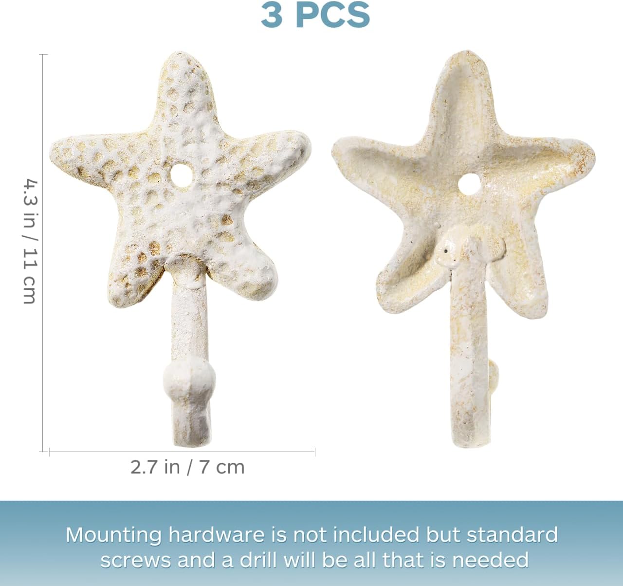 3pcs Decorative Hooks for Hanging, Cast Iron Star Fish Beach Themed Wall Hooks, Retro Coastal Wall Hanger Towel Holder for Bathrooms Kitchen Bedroom Hotel Pool Coats - Image 2